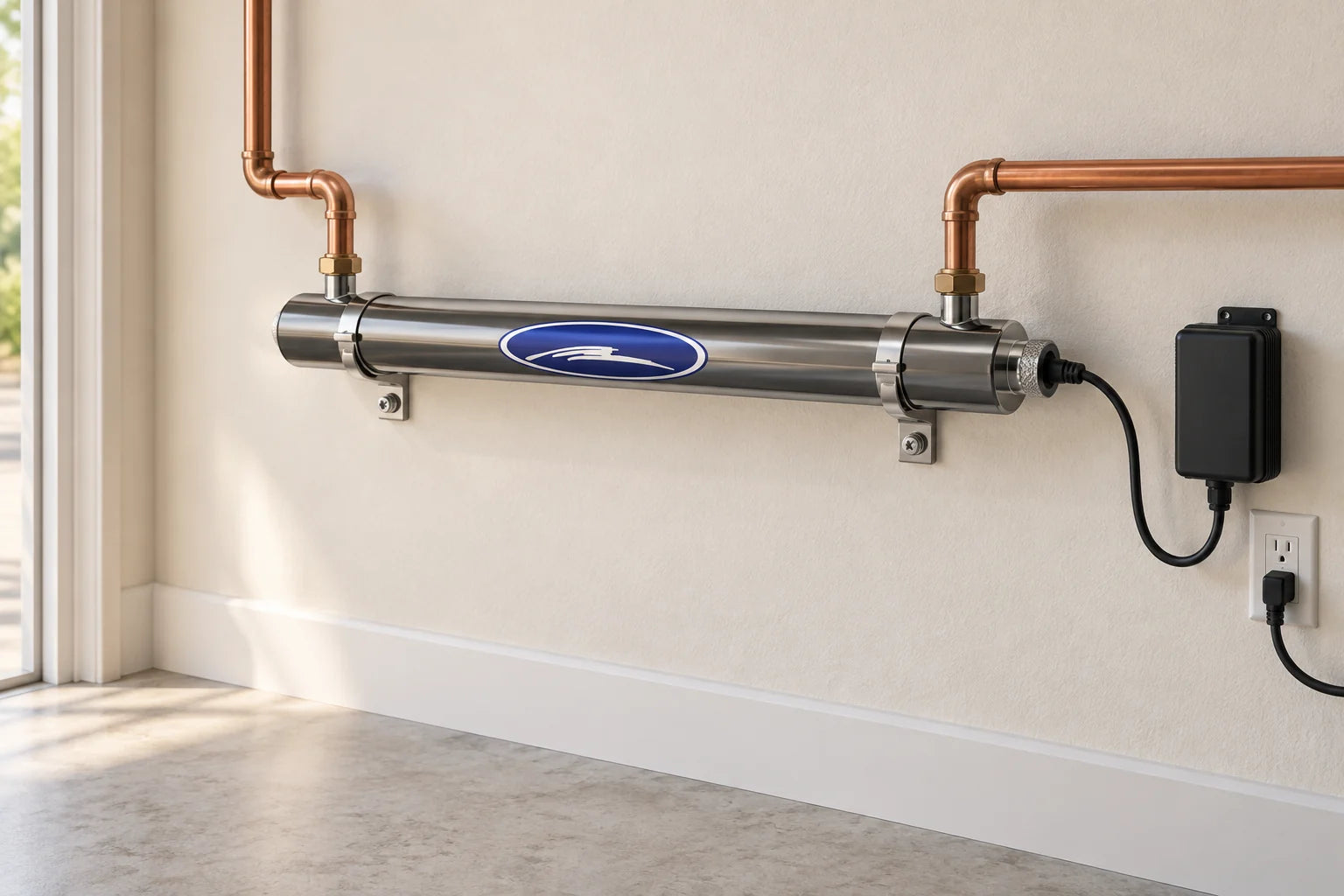 Concept rendering of 12 GPM UV Water Treatment Add-On installed in a home utility area