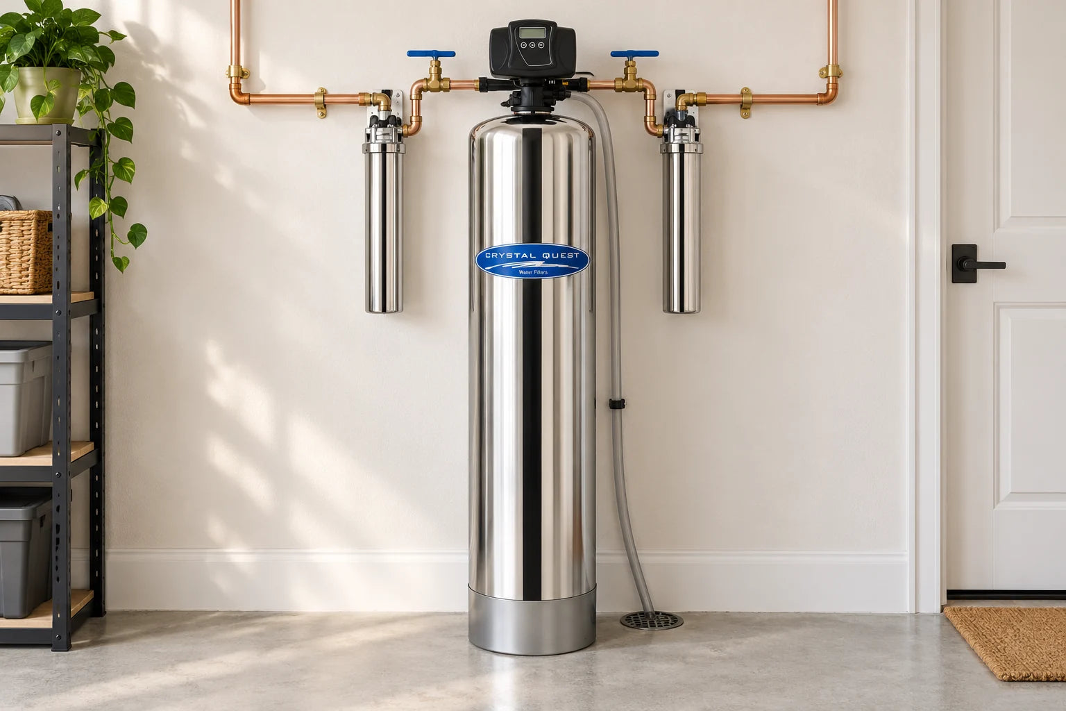 Concept rendering of Stainless Steel Whole Home Filter installed in a home utility area