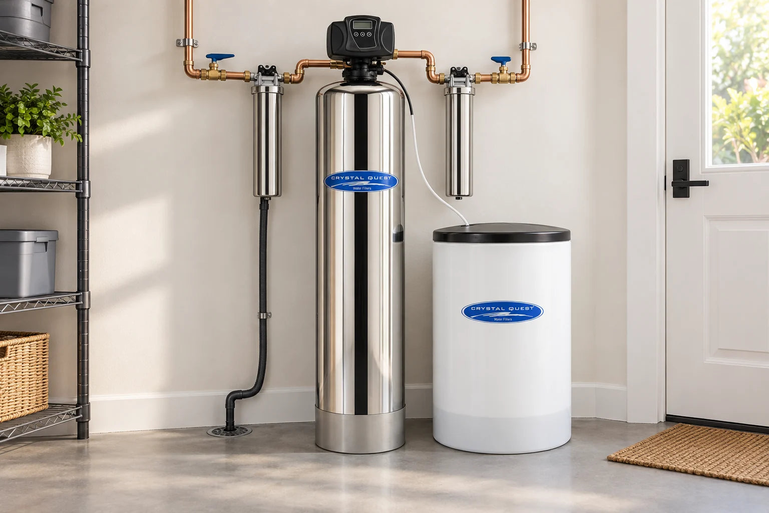 Concept rendering of Stainless Steel Whole Home Softener installed in a home utility area