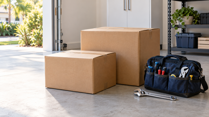 Unmarked delivery boxes and a navy plumber’s tool bag in a bright home utility room.