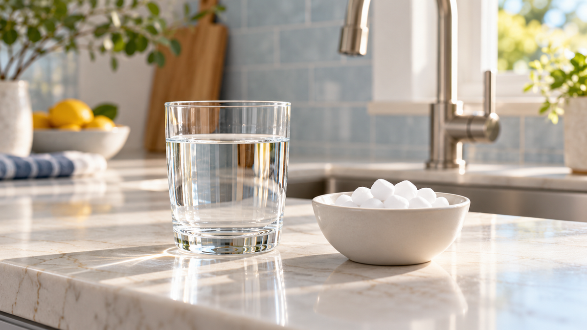 Clear glass of water beside a bowl of white softener salt pellets and a chrome faucet.