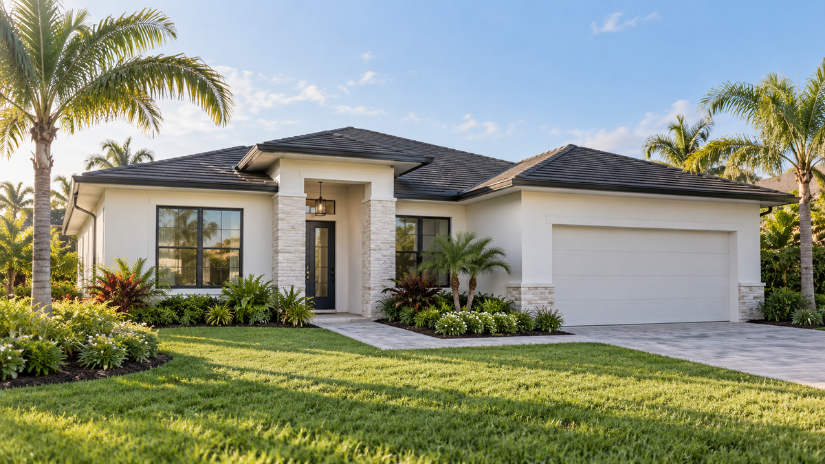 Contemporary single-story Florida home with a garage, white exterior and palm landscaping.