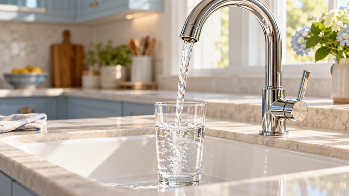 A stream of water from a chrome kitchen faucet filling a clear glass.