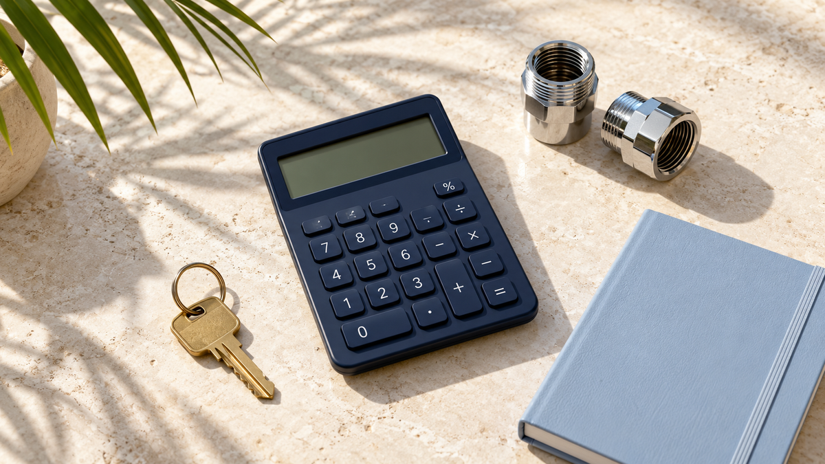 Calculator, home keys and plumbing fittings on a pale stone surface.