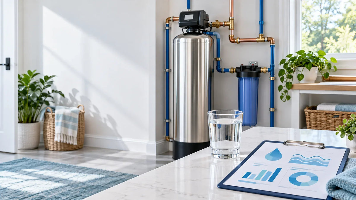 Illustration of a dedicated whole-house fluoride treatment tank beside a water report and a glass of water.