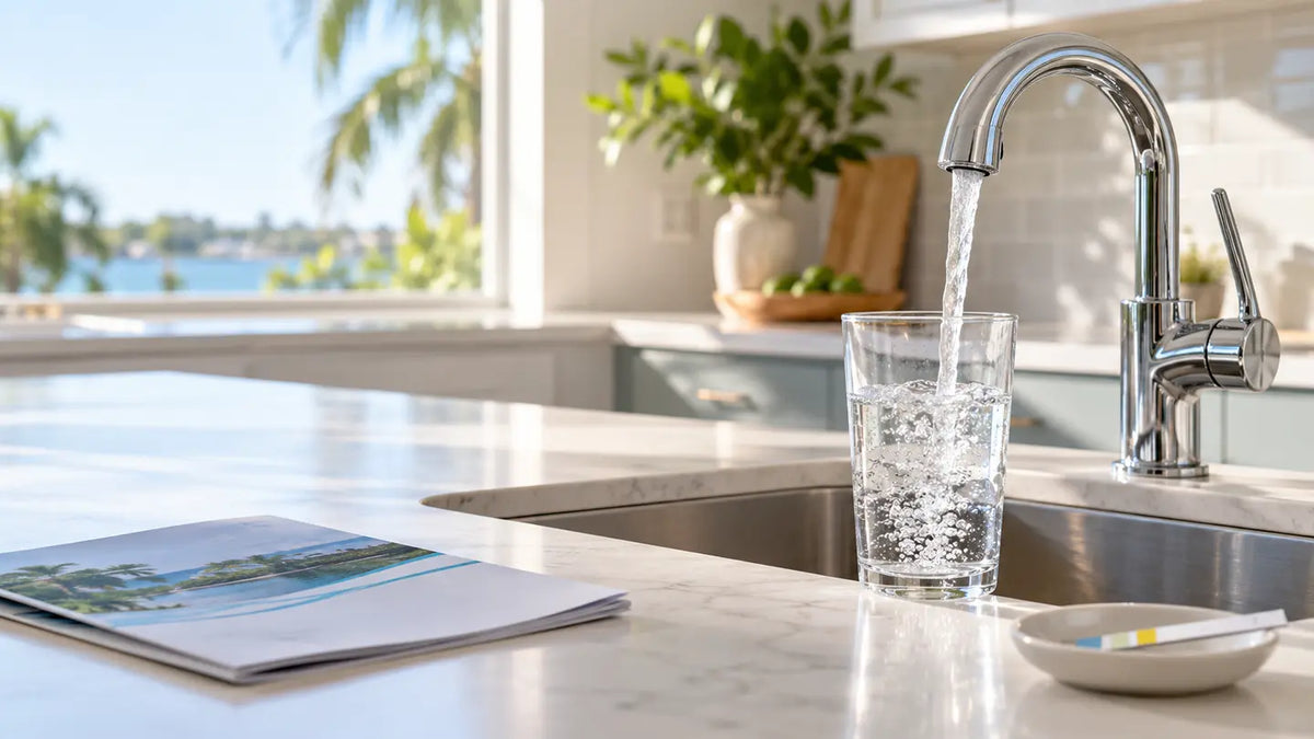 AI-generated illustration of clear Florida tap water beside a utility report and disinfectant test strip