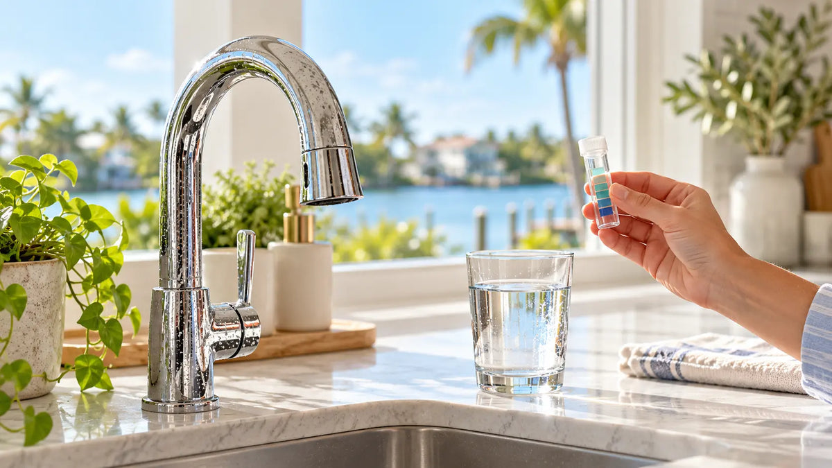 AI-generated illustration of a Florida homeowner checking water hardness beside a chrome faucet with mineral spotting