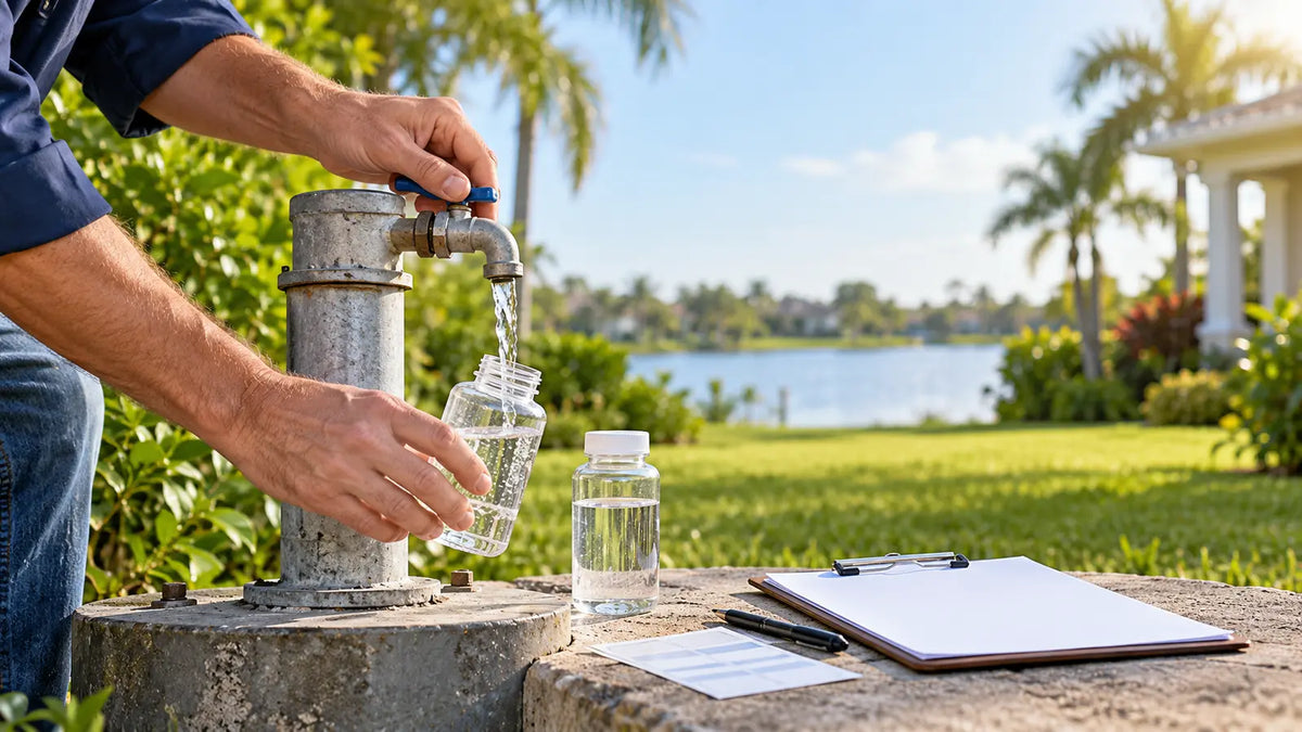 AI-generated illustration of a Florida well owner collecting water samples before choosing a filtration system