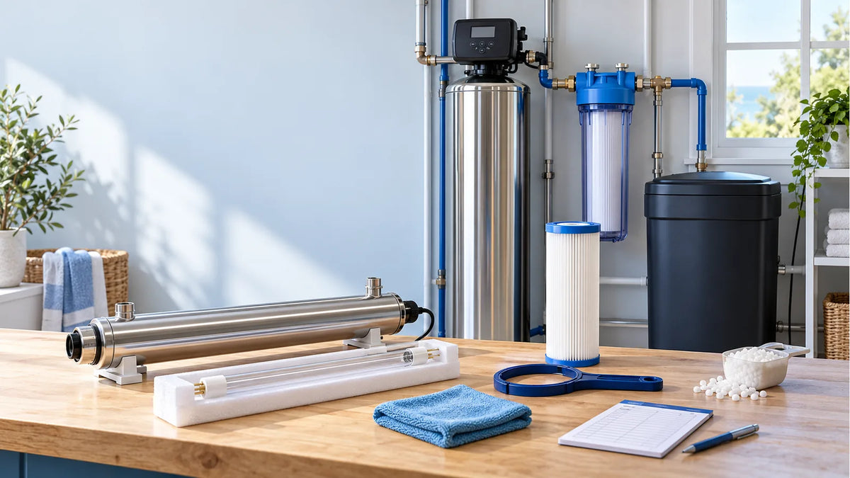 Illustration of whole-house filter cartridges, tank media, softener salt and UV parts prepared for routine maintenance
