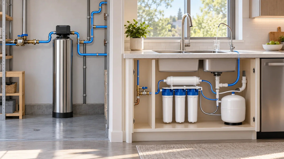 Illustrative comparison of a whole-house filter on the main water line and an under-sink reverse-osmosis system serving one drinking faucet