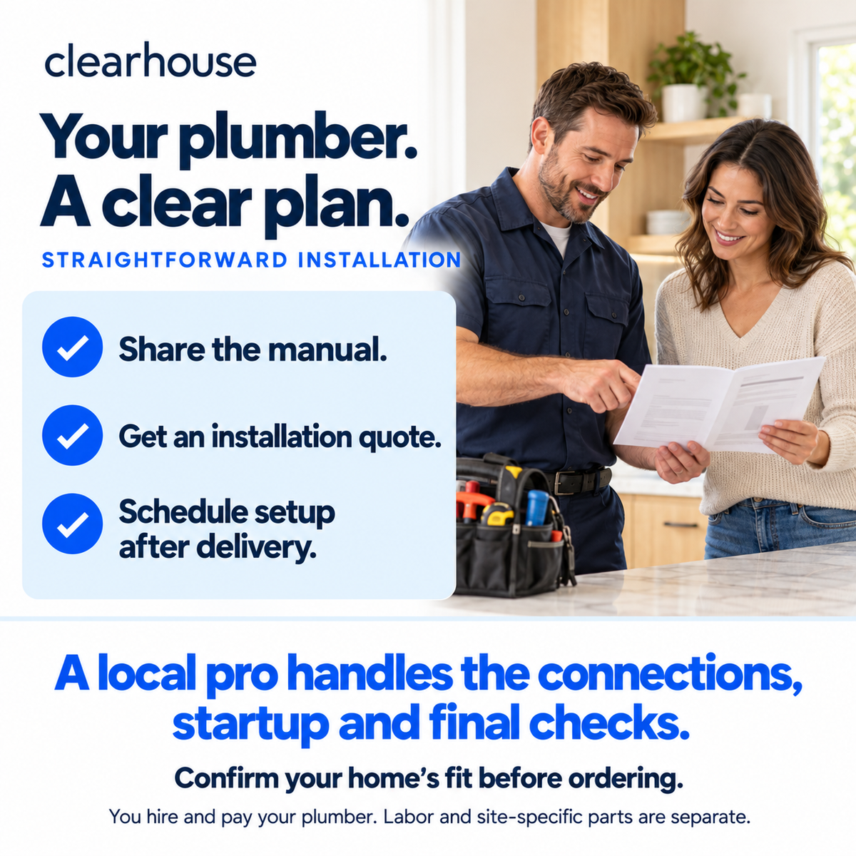 Straightforward installation: share the manual, get an installation quote, and schedule setup after delivery. Your local pro handles connections, startup and final checks; labor and site-specific parts are separate.