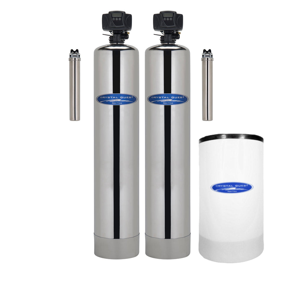 Crystal Quest stainless steel whole-home filter and softener with brine tank