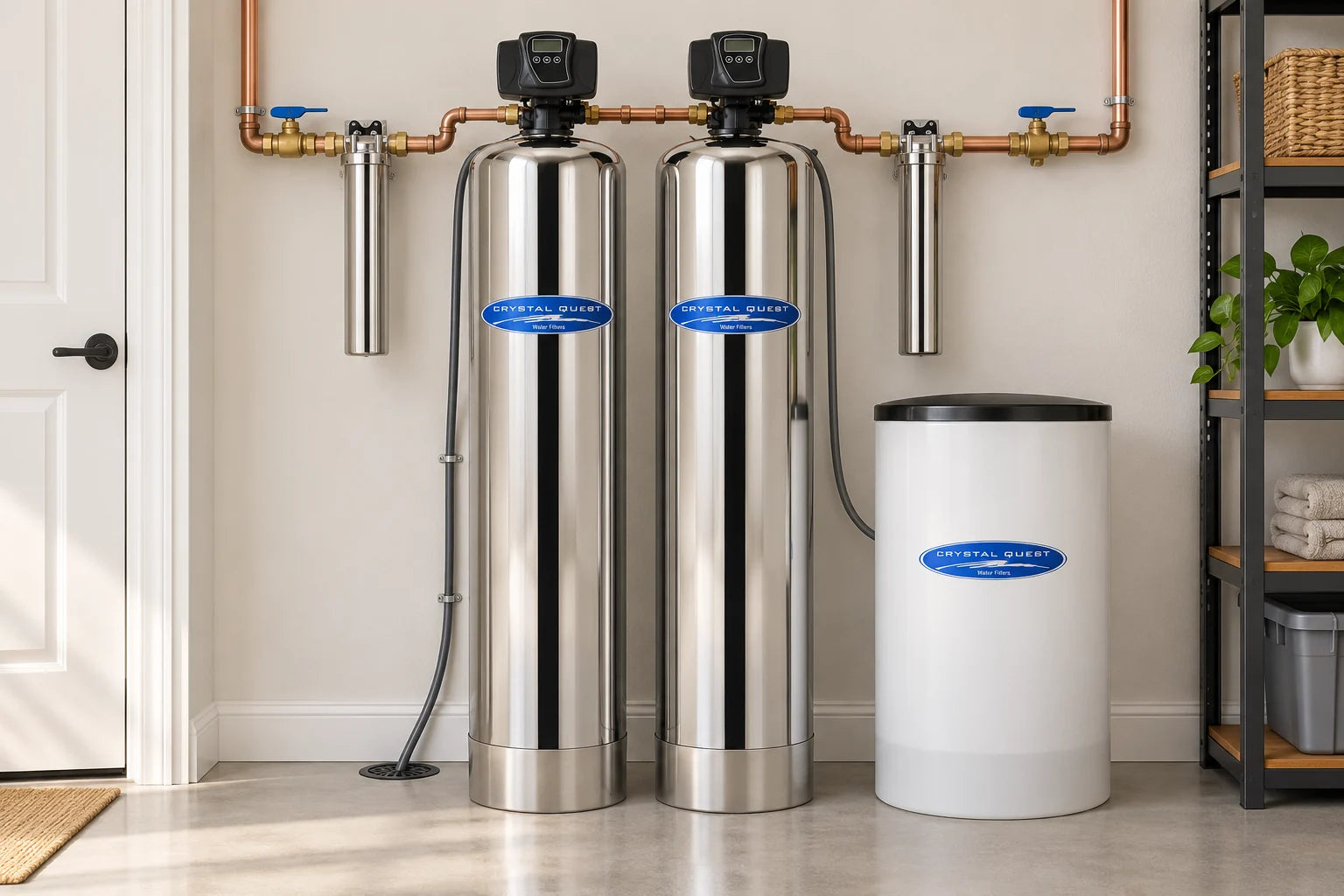 Illustrative Clearhouse stainless steel whole-home SMART filtration and softener installation in a bright utility room